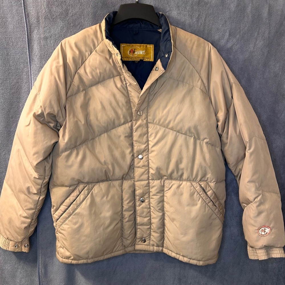 Vintage Goose Down Puffer Jacket Mens Large Camel Tan Down Fill Snap Front